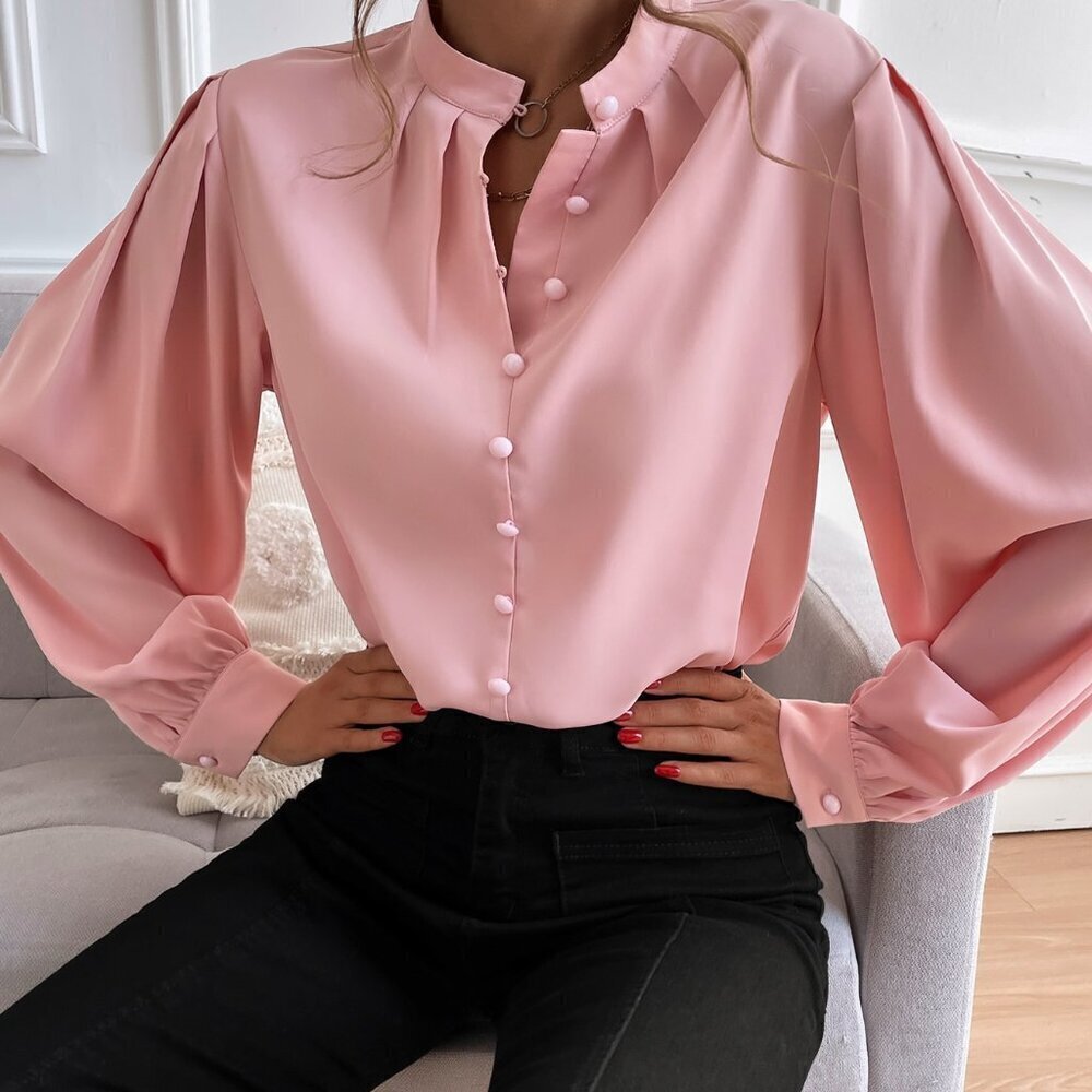 Baby Pink Elegant Women's Bishop Sleeve Button Up Blouse